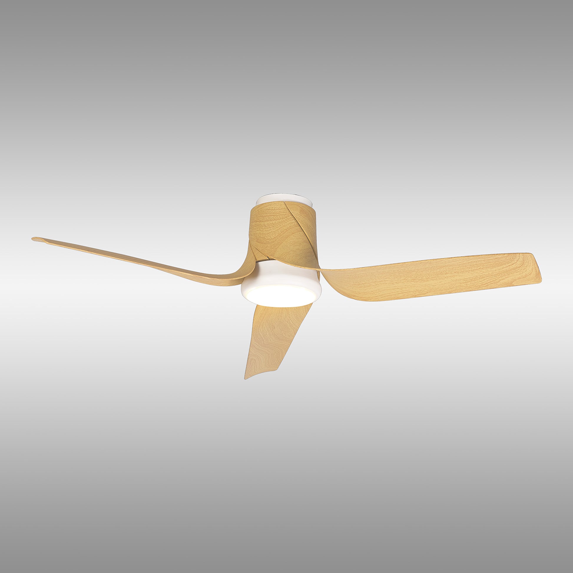 The Ceiling Fans UK MANTRA M8719 Ushuaia ceiling fan features 3 wood-effect blades, a 133cm span, a 30W dimmable LED light, built-in 35W DC fan tech, remote & app control—all with a modern white/wood design and 5-year warranty.
