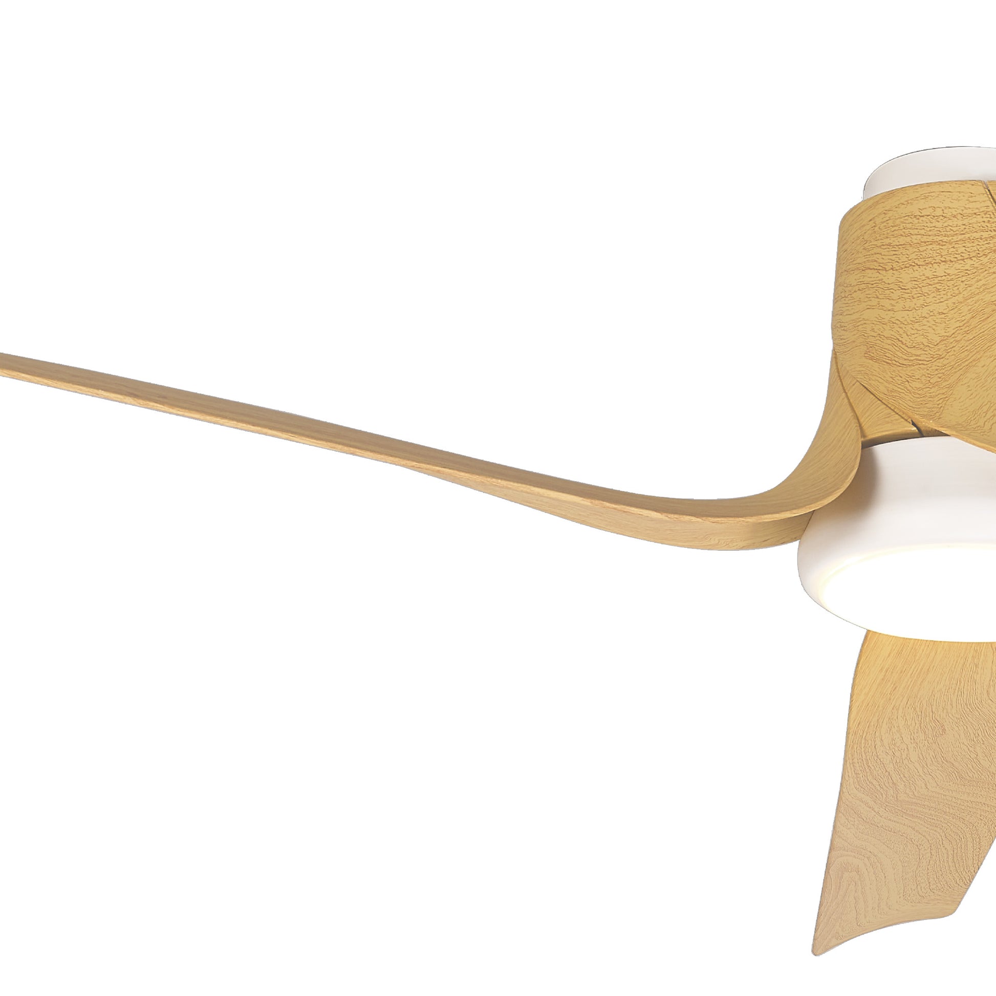 The Ceiling Fans UK MANTRA M8719 Ushuaia features three sculpted wood blades, a built-in 35W DC fan, a 30W dimmable LED light, remote and app control, and a 5-year warranty, shown against a plain white background.
