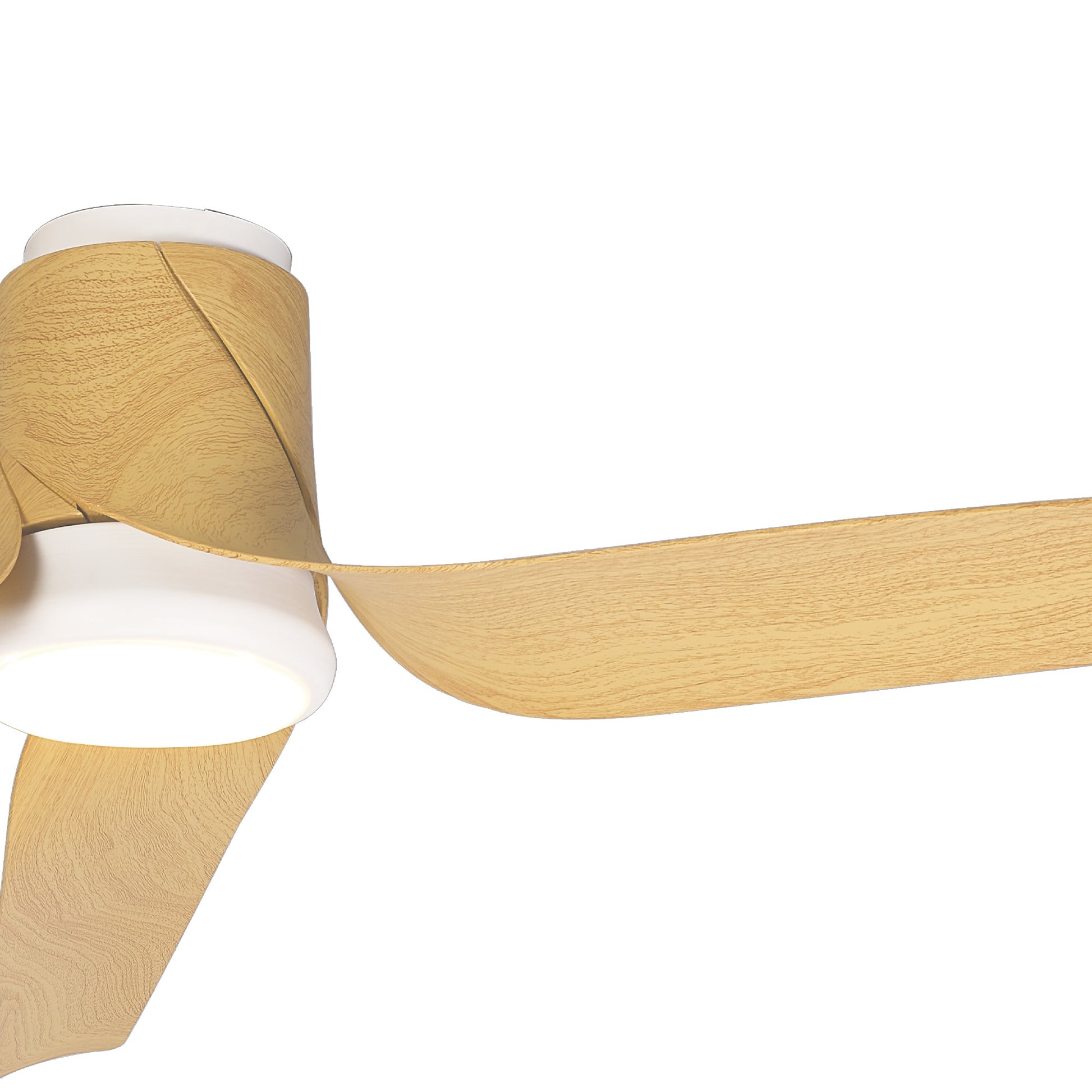 The MANTRA M8719 Ushuaia White/wood Ceiling Fan by Ceiling Fans UK features light wood blades, a white fixture with 30W dimmable LED, built-in 35W DC fan, remote & app control. Shown with two visible blades on a white background. 5-year warranty included.